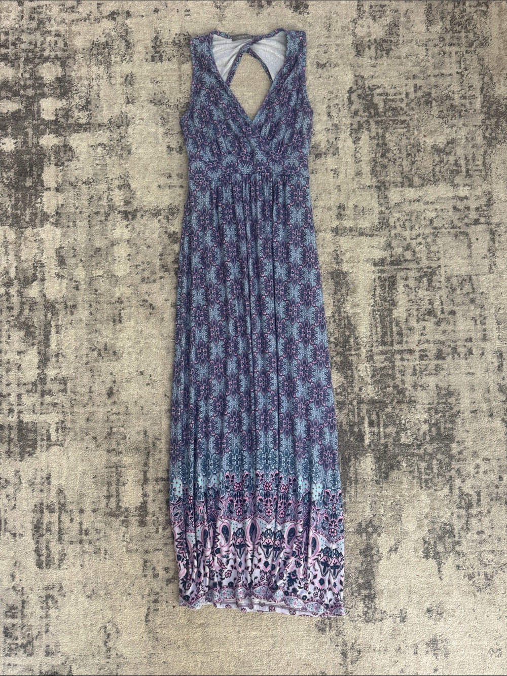 Loveappella Nordstrom Sleeveless V-Neck Blue & Purple Paisley stretch Maxi Dress